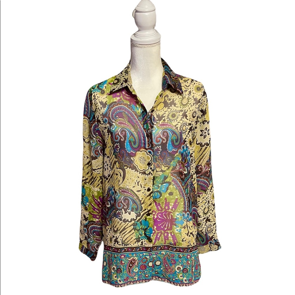 Go Silk Multicolored Paisley And Floral Silk Blouse M